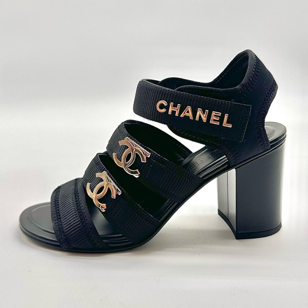 Chanel 24C Gold CHANEL & CC Logo Black Fabric Block Heel Strappy Sandals EU 37